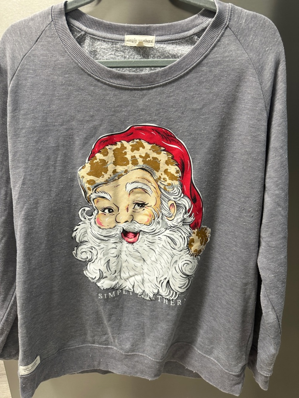 Simply Southern Gray Crewneck Sweatshirt with Santa Graphic - Red, White, Gold